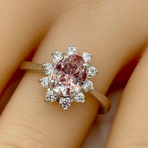 7x5MM - 8X6MM Swarovski Pink Morganite Pure Brilliance Cubic Zirconia Oval Cluster Engagement Ring, Sterling Silver, Made to Order