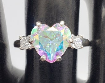 8mm - 10mm Mystic Mercury Topaz Heart Cut, Three Stone Ring, 6A Quality Cubic Zirconia Accents, Sterling Silver, Made to Order