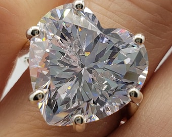 15mm Heart Cut Ring, 6A Quality Cubic Zirconia or Moissanite, 925 Sterling Silver or Gold, Made to Order