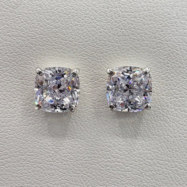 6mm - 8mm Cushion Cut Stud Earrings, 6A Quality Cubic Zirconia or Moissanite, Sterling Silver, Made to Order