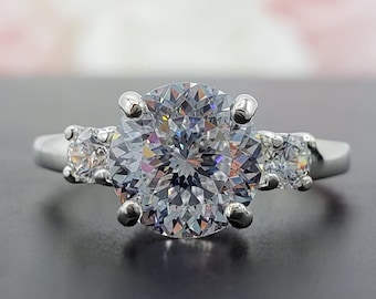 8MM - 10MM Portuguese Cut Round Three Stone Engagement Wedding Ring, 6A Quality Cubic Zirconia, Sterling Silver, Made to Order