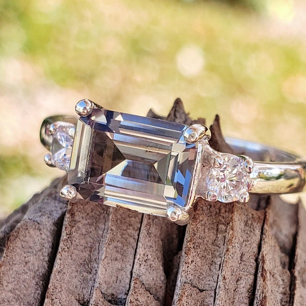 8x6MM Emerald Cut, East West Side Set, Lab Simulated Gray Spinel, 4-Prong Three Stone Ring, Sterling Silver, Made to Order