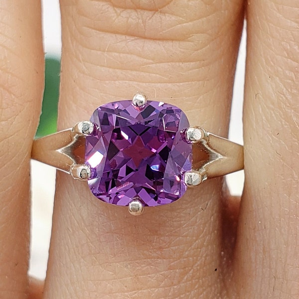 8mm - 10mm Lab Purple Sapphire Cushion Cut, 6 Prong Solitaire Ring, Sterling Silver or Gold, Made to Order, Jewelry Gift