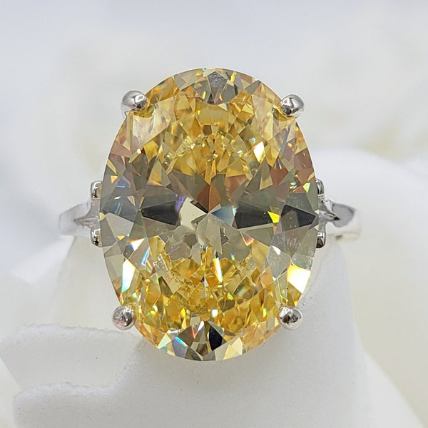 16x12MM Oval Cut Canary Yellow CZ, 4-Prong Solitaire Ring, 6A Quality Cubic Zirconia, Sterling Silver, Made to Order