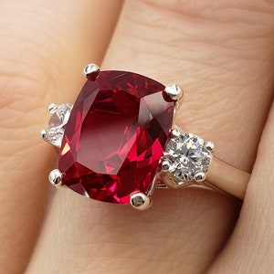 10x8mm Lab Ruby Elongated Cushion Cut, Trellis Three Stone Ring, Sterling Silver or Gold, Made to Order, Jewelry Gift