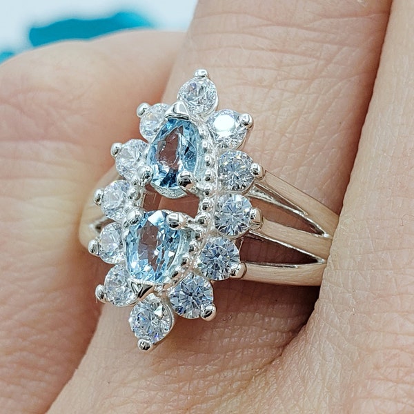 5x3mm Natural Aquamarine Pear Antique Vintage Round 6A CZ Accent Halo Cluster Ring, Sterling Silver, Made to Order