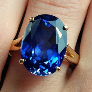 10x8mm - 18x13mm Lab-Created Blue Sapphire Oval Cut, 4-Prong Solitaire Ring, Sterling Silver or Gold, Made to Order, Jewelry Gift