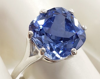 8mm - 10mm Lab Ceylon Blue Sapphire Cushion Cut, 6 Prong Solitaire Ring, Sterling Silver or Gold, Made to Order, Jewelry Gift