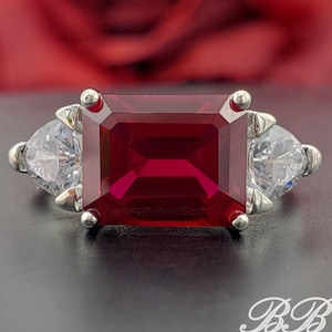 10x8MM Side Set, Lab-Created Red Ruby, AAA Quality, Three Stone Ring Trillion Accents, Sterling Silver, Made to Order, Jewelry Gift