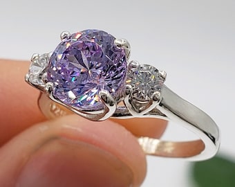 8mm Light Purple Portuguese Cut, Three Stone Trellis Ring, 5A Cubic Zirconia, Sterling Silver, Made to Order