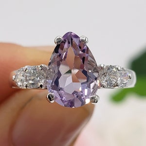 10x7mm Rose de France Natural Light Purple Amethyst, Pear Cut, Multi-Stone Gemstone Ring, Sterling Silver or Gold, Made to Order