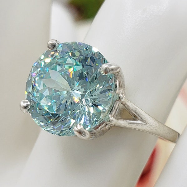 9MM, 11MM or 12MM Light Bluish Green Paraiba, Portuguese Cut Cubic Zirconia, Solitaire Ring, 5A Quality CZ, Sterling Silver, Made to Order