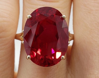16x12mm - 20x15mm Lab-Created Red Ruby Oval Cut, 4-Prong Solitaire Ring, Sterling Silver or Gold, Made to Order, Jewelry Gift