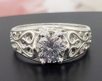 6mm Filigree Scroll 925 Sterling Silver Ring, 6A Cubic Zirconia or Moissanite, Made to Order