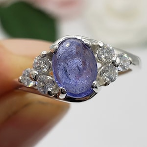 8x6mm - 12x10mm Natural Tanzanite Cabochon, Multi-Stone Accented Swirl Bypass Ring, 925 Sterling Silver, Made to Order, Gift for Her