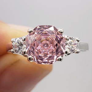 8mm Pink Rose Cut, Three Stone Trellis Ring, 5A Cubic Zirconia, Sterling Silver, Made to Order