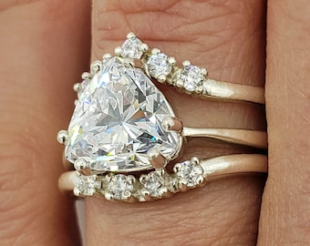 5mm - 12mm Trillion Solitaire Engagement Ring And Two Wedding Band Ring Set, 6A Quality Cubic Zirconia, Sterling Silver, Made to Order