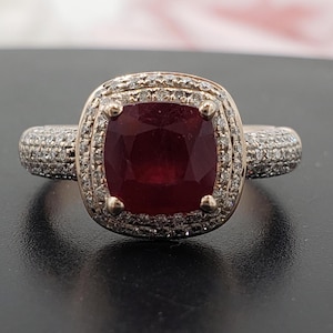 7mm Natural Ruby and Diamond Double Halo Ring, 14K Rose Gold, Ring Size 6 1/4