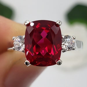 10x8mm Lab Ruby Elongated Cushion Cut, Trellis Three Stone Ring, Sterling Silver or Gold, Made to Order, Jewelry Gift