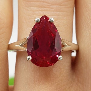 10x7mm - 20x15mm Lab Created Ruby Pear Cut Solitaire Split Shank Ring, Sterling Silver or Gold, Made to Order