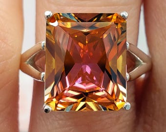 Anel solitário com topázio Mystic Sunrise de corte radiante, 10 x 8 mm - 18 x 13 mm, em prata de lei ou ouro, feito sob encomenda, joia para presente.