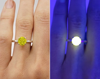 7mm YAG Lab Created Yellow Yttrium Aluminum Garnet, UV Glow, 4-Prong Solitaire Ring, Sterling Silver or Gold, Made to Order, Jewelry Gift
