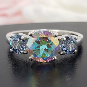8mm Mystic Mercury Topaz Three Stone Gemstone Ring, Lab Aquamarine Spinels, 925 Sterling Silver, Made to Order