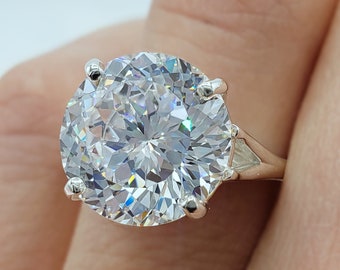12mm White Portuguese Cut Cubic Zirconia Diamond, 4-Prong Split Shank Solitaire Engagement Ring, 5A Quality, Sterling Silver, Made to Order