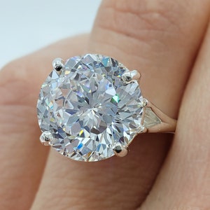 12mm White Portuguese Cut Cubic Zirconia Diamond, 4-Prong Split Shank Solitaire Engagement Ring, 5A Quality, Sterling Silver, Made to Order