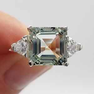 7mm - 10mm Asscher Square Cut, Natural Green Amethyst, Three Stone Ring, Sterling Silver or Gold, Made to Order