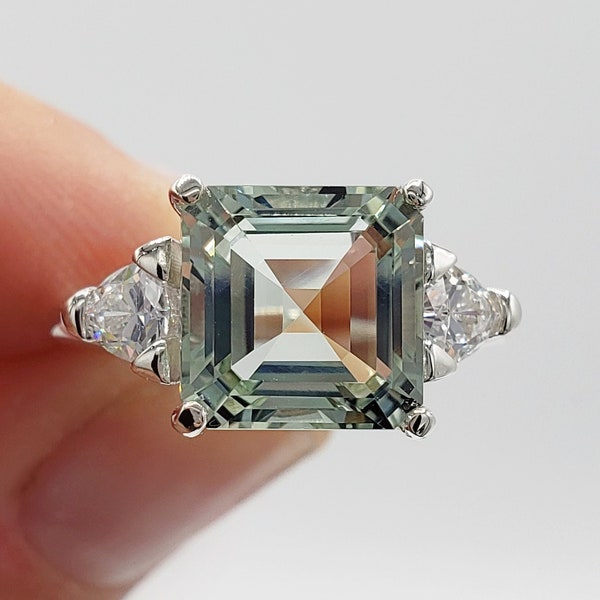 7mm - 10mm Asscher Square Cut, Natural Green Amethyst, Three Stone Ring, Sterling Silver or Gold, Made to Order