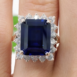 12x10mm Lab Blue Sapphire, Emerald Cut, Halo Statement Ring, 6A Quality Cubic Zirconia Accented, Made to Order, Non-Plated Sterling Silver
