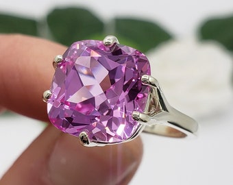 Corte de cojín de zafiro rosa creado en laboratorio de 8 mm-12 mm, anillo solitario de 6 puntas, plata de ley u oro, hecho a pedido, regalo de joyería