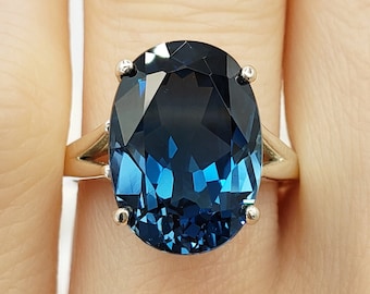 10x8mm-25x18mm Natural London Blue Topaz, Oval Cut Solitaire Ring, Sterling Silver, Made to Order