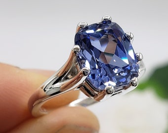 10x8mm Lab Ceylon Blue Sapphire Elongated Cushion Cut, Solitaire 8-Prong Ring, Sterling Silver or Gold, Made to Order, Jewelry Gift