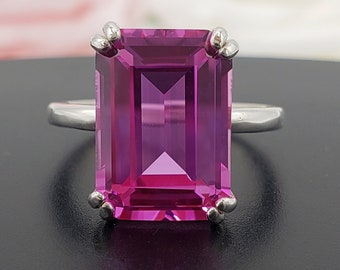 9x7mm - 14x10mm Lab Pink Sapphire, Emerald Cut, Double Prong Solitaire Ring, Made to Order, Non-Plated Sterling Silver or Gold
