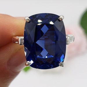 10x8mm - 16x12mm Lab Blue Sapphire, Elongated Cushion Cut, Scroll Solitaire Ring, Made to Order, Non-Plated Sterling Silver