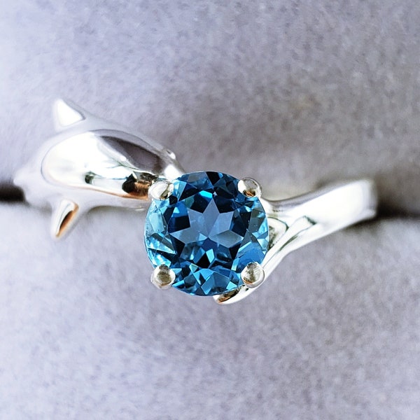 6MM Natural Swiss Blue Topaz Dolphin Ocean Sea Water Theme Ring, Sterling Silver, Made To Order