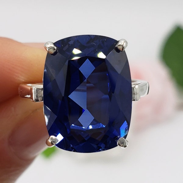 10x8mm - 16x12mm Lab Blue Sapphire, Elongated Cushion Cut, Scroll Solitaire Ring, Made to Order, Non-Plated Sterling Silver