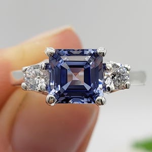 7mm or 8mm Lab Ceylon Sapphire Asscher Cut Three Stone Ring