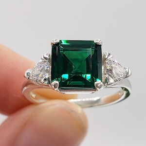 8mm - 10mm Asscher Square Cut, Simulated Emerald, Three Stone Ring, Sterling Silver, Made to Order