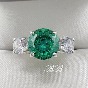 9mm Green Portuguese Cut Cubic Zirconia Three Stone Ring, 5A Quality CZ, Sterling Silver, Made to Order, Jewelry Gift