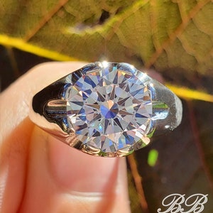 8MM - 10MM Mens Round Statement Ring, Moissanite or 6A Quality Cubic Zirconia, Unplated Sterling Silver, Made to Order