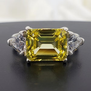 10x8mm Lab-Created Yellow Sapphire, Emerald Cut, Trillion Accented Three Stone Ring, Sterling Silver, Made to Order, Jewelry Gift