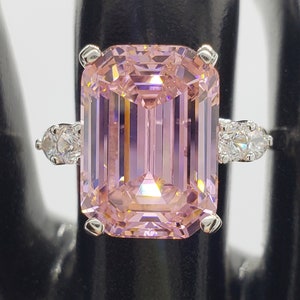 14x10mm Pink Elongated Asscher Cut CZ, Multi-Stone Engagement Wedding Ring, 5A Quality Cubic Zirconia, Sterling Silver, Made to Order