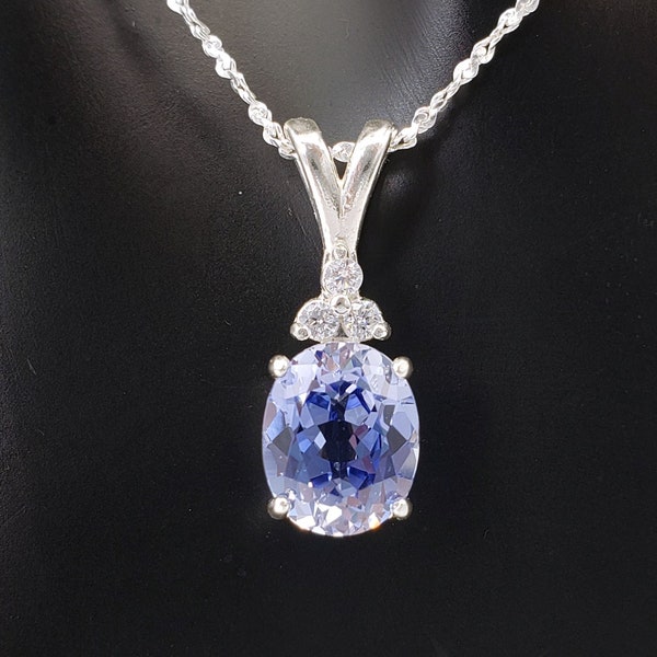 10x8mm Lab Ceylon Blue Sapphire Multi-Stone Necklace, 5A Quality Cubic Zirconia, 925 Non-Plated Sterling Silver, Made to Order