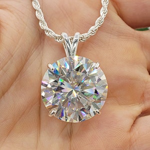 20mm 30 Carat, DEF VVS Moissanite Round Brilliant, 4 Prong Basket Solitaire Necklace, 925 Sterling Silver or Gold, Made to Order