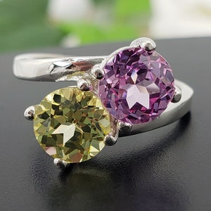 7mm Two Stone, Toi Et Moi Bypass Ring, Pink & Yellow Lab Created Sapphires, Unplated 925 Sterling Silver, Made to Order, Jewelry Gift
