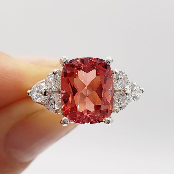 9x7mm-10x8mm Lab Orange Padparadscha Sapphire Elongated Cushion Cut, Multi-Stone Ring, Sterling Silver/Gold, Made to Order, Jewelry Gift