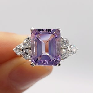 9x7mm-10x8mm Rose de France Amethyst, Emerald Cut, Multi-Stone Gemstone Ring, Sterling Silver or Gold, Made to Order